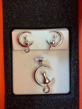 925 Sterling Silver Cat on Crescent Moon Pendant and Stud Earrings Set